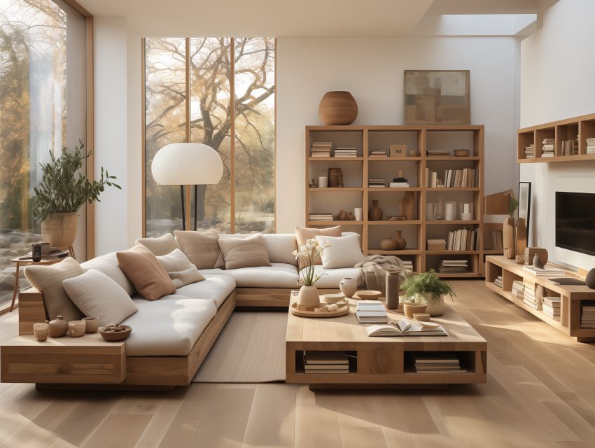 Modern Minimalist Living Room with Wood Accents