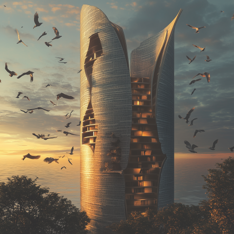 Modern Skyscraper with Bird Flock at Sunset