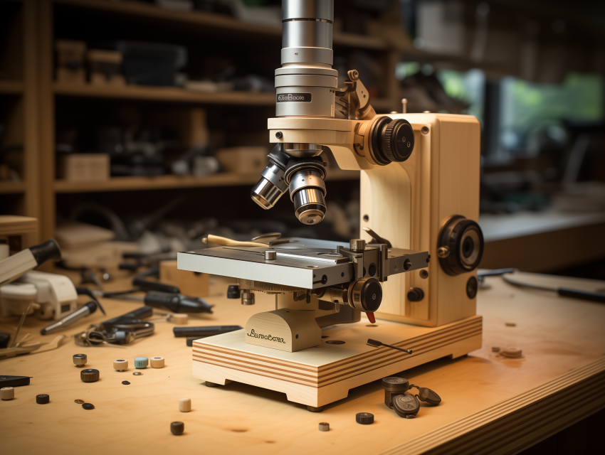 Modern Wooden Microscope on Workbench