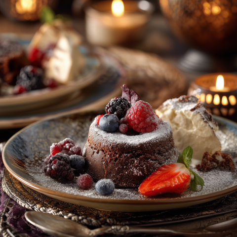 Molten Chocolate Lava Cake with Fresh Berries and Cream