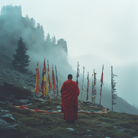 Monk Amid Prayer Flags in Mountain Mist