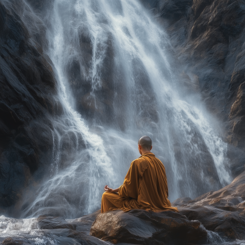 Monk Meditating Before Waterfall