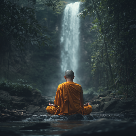 Monk Meditating Beside Jungle Waterfall
