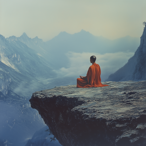 Monk Meditating on Mountain Cliff