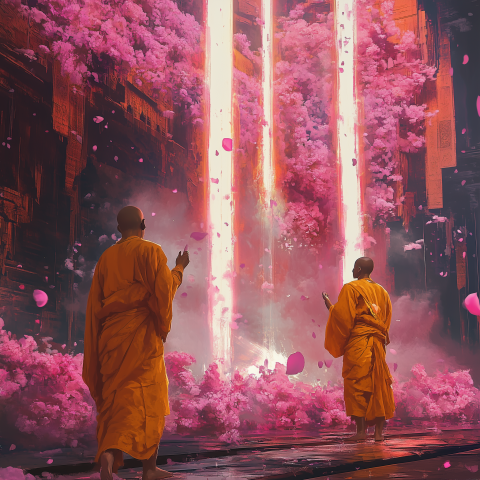 Monks Facing Pink Energy Pillars