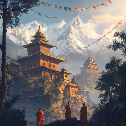 Monks Gaze at Himalayan Monastery Temples