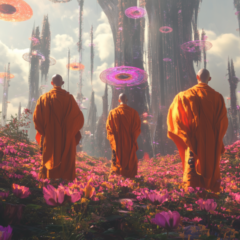 Monks in Lotus Field Beneath Futuristic Rings