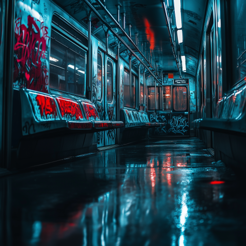 Moody Subway Car with Neon and Graffiti