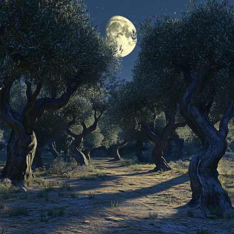 Moonlit Olive Grove with Twisted Trees