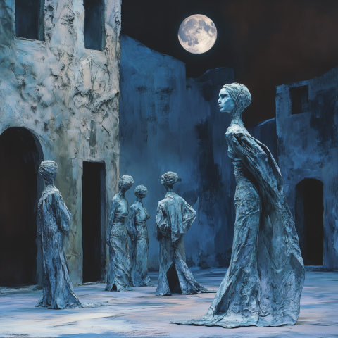 Moonlit Statues in Abstract Blue City