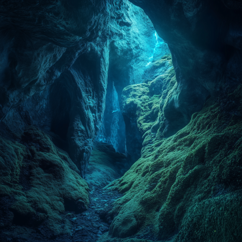 Moss-Covered Cave with Blue Light