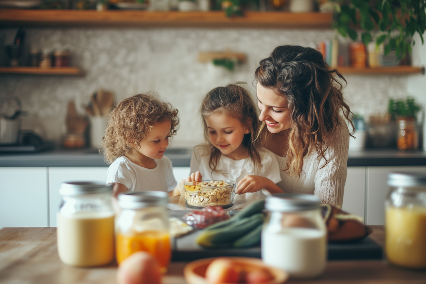 Mother and Children Preparing Breakfast Together