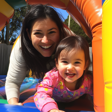 Mother and Daughter Smiling in Bounce House