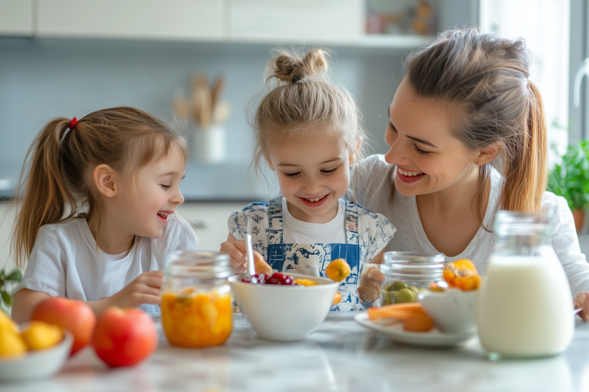 Mother and Daughters Enjoying Breakfast Together