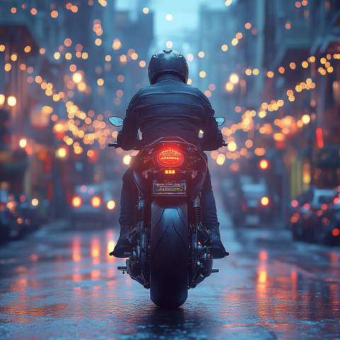 Motorcyclist Riding Through Rainy City Street
