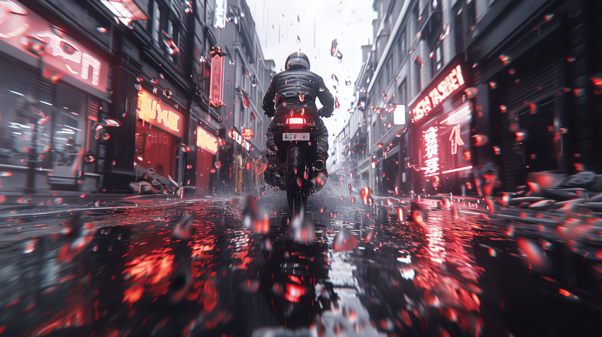 Motorcyclist Riding Through Rainy Neon City
