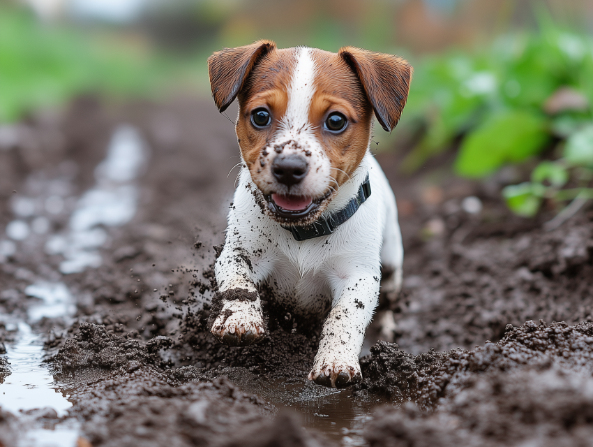 Muddy Jack Russell Puppy Running in Puddle