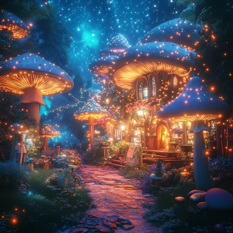 Mushroom Village Glows Under Starlight