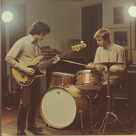 Musicians Playing Bass and Drums in Studio