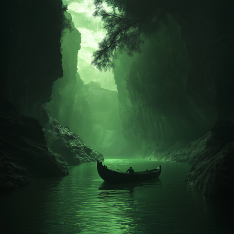 Mysterious Boat Journey Through Green Gorge