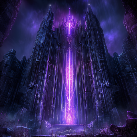 Mysterious Dark Fortress with Glowing Portal