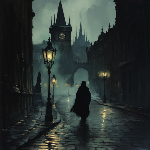 Mysterious Figure Walks Foggy Gothic Street