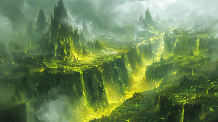 Mysterious Glowing Acidic Landscape with Green Mist