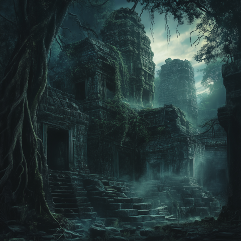 Mysterious Jungle Ruins at Dusk