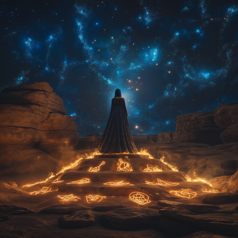Mystic Woman Standing Among Fiery Symbols