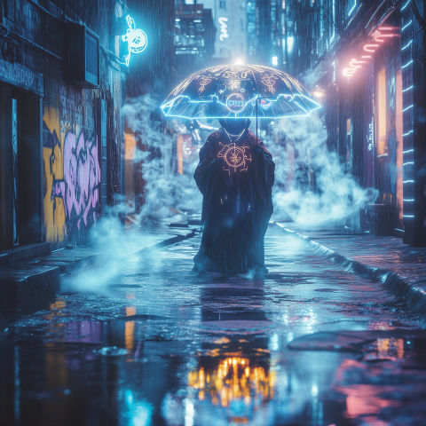 Mystical Figure with Neon Umbrella in Alley