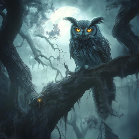 Mystical Owl in Haunted Moonlit Forest