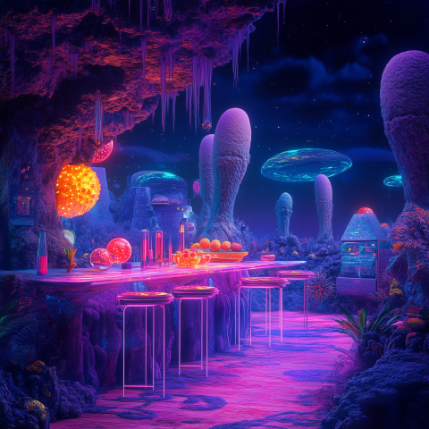 Neon Alien Planet Bar with Sci-Fi Decor