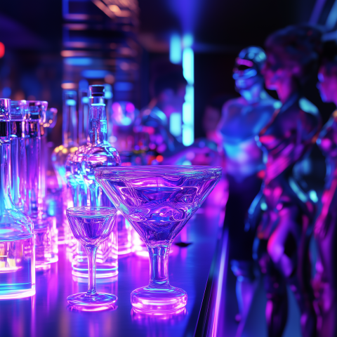 Neon Bar Scene with Glassware and Robots