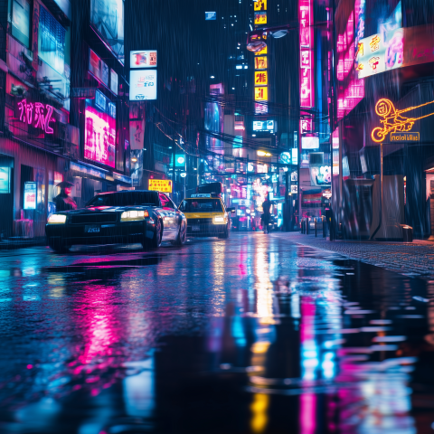 Neon City Street in the Rain