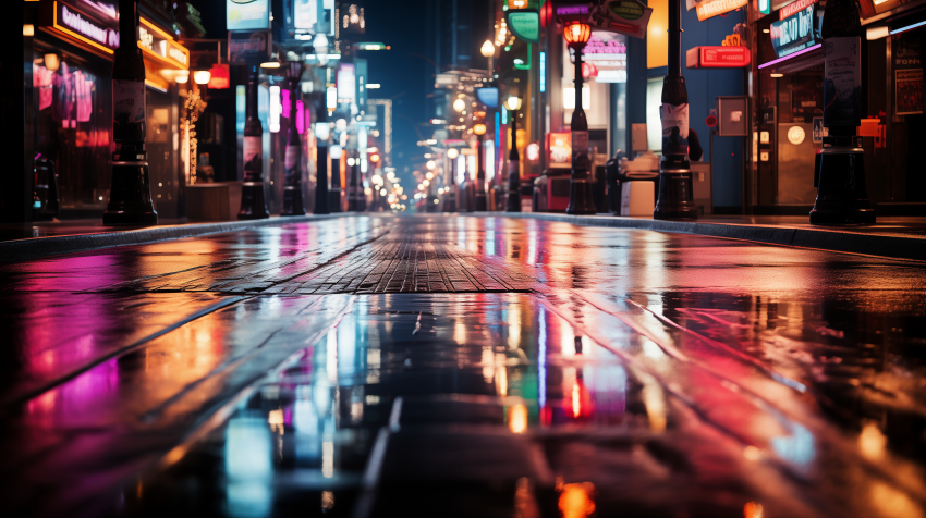 Neon City Street with Rain Reflections