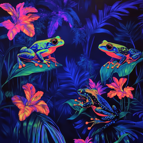 Neon Frogs in a Tropical Jungle at Night