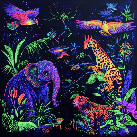 Neon Jungle with Glowing Animals