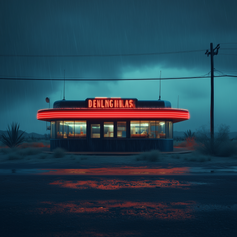 Neon-Lit Diner in Desert Rain