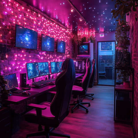 Neon-Lit Gaming Room with Multiple Monitors