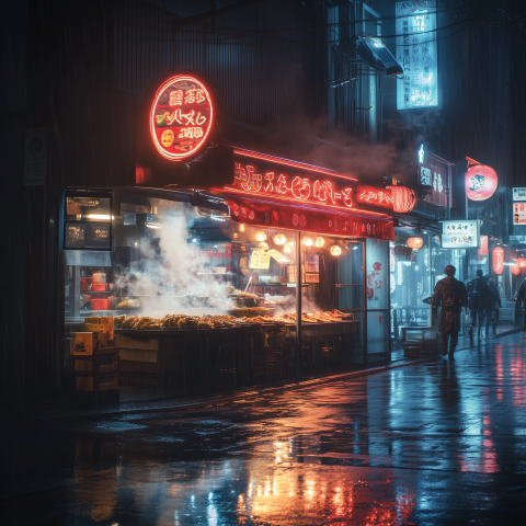Neon-Lit Street Food Stall on Rainy Night