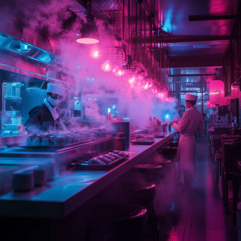 Neon-Lit Sushi Bar with Chefs at Work
