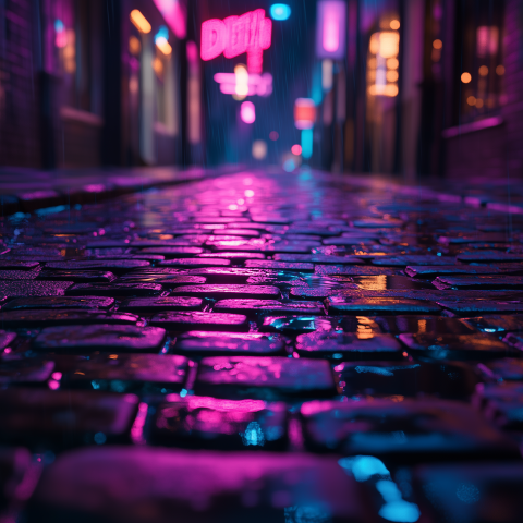 Neon Reflections on Wet Cobblestone Street