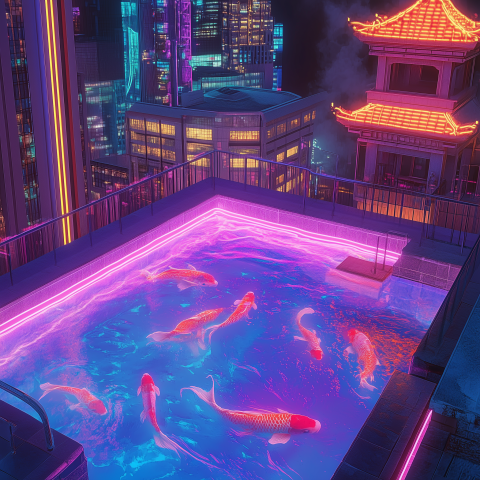 Neon Rooftop Pool With Giant Koi Fish