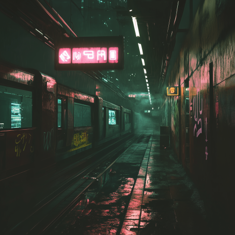 Neon Subway Platform in the Rain