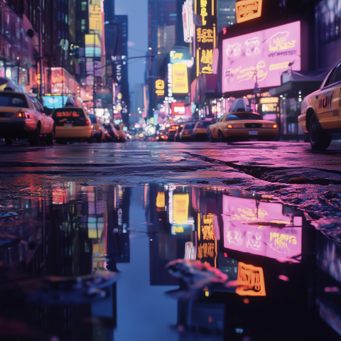 Neon Taxi Street Reflected in Rain Puddle