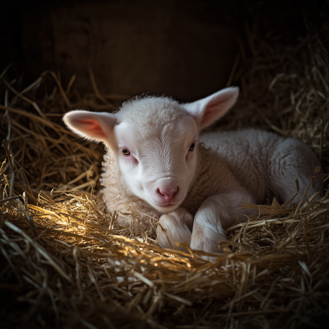 Newborn Lamb Resting in Cozy Straw Nest
