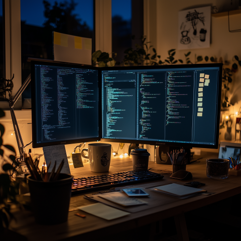 Night Coding Setup with Dual Monitors