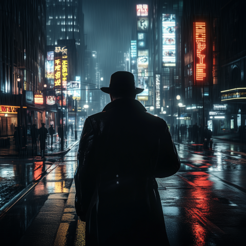 Noir Detective in Rainy Neon Cityscape