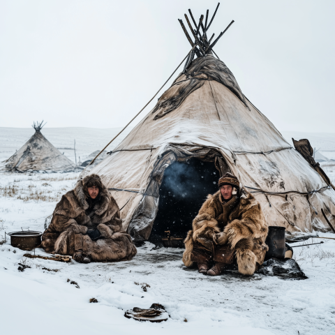 Nomads in Fur Clothing Outside a Yurt