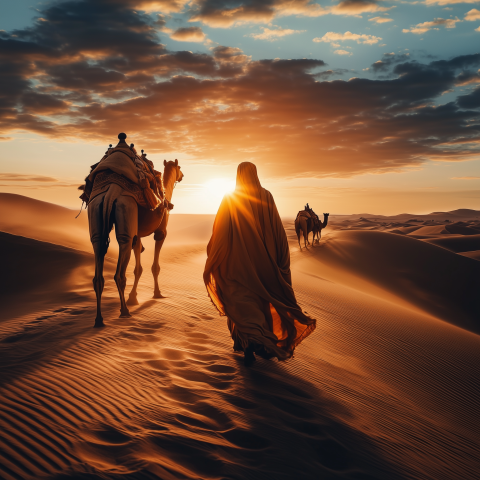Nomads Leading Camels Through Desert at Sunset